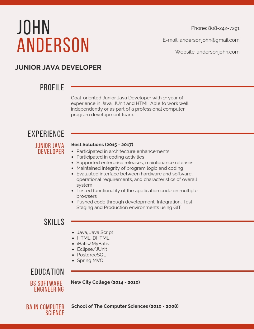 sample resume for junior java developer