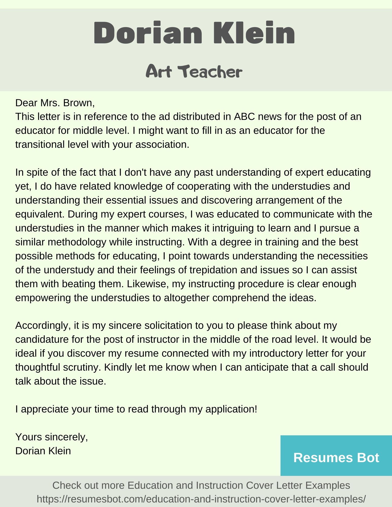 Art Teacher Cover Letter Samples Templates Pdf Word 2021 Art Teacher Cover Letters Rb