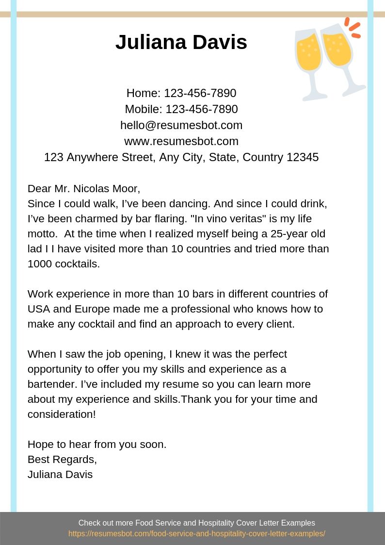 sample cover letters for bartender job