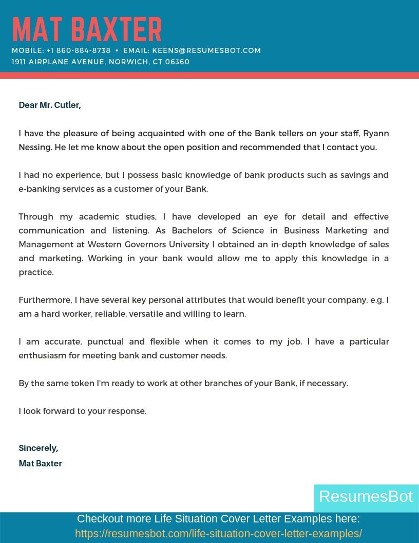 cover letter examples for a bank teller