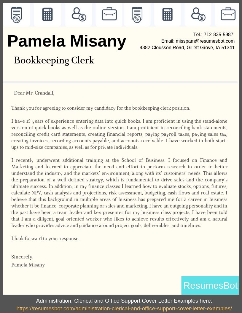 bookkeeper sample cover letter