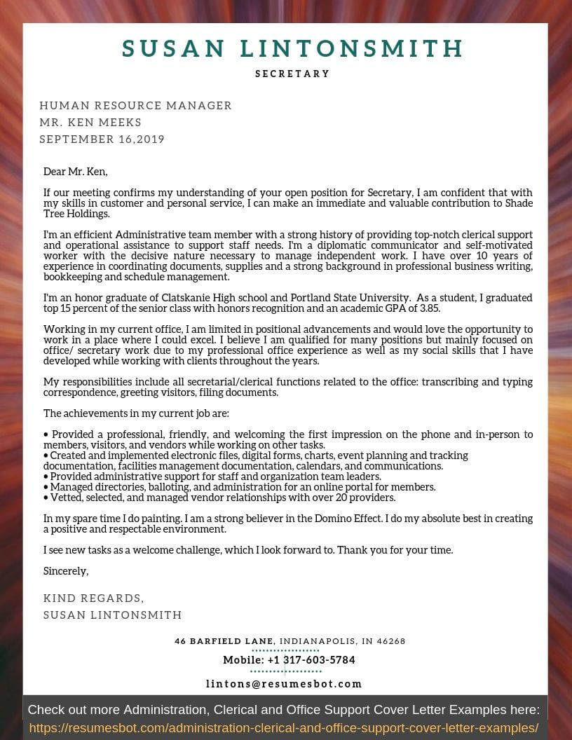 application letter for employment as a secretary