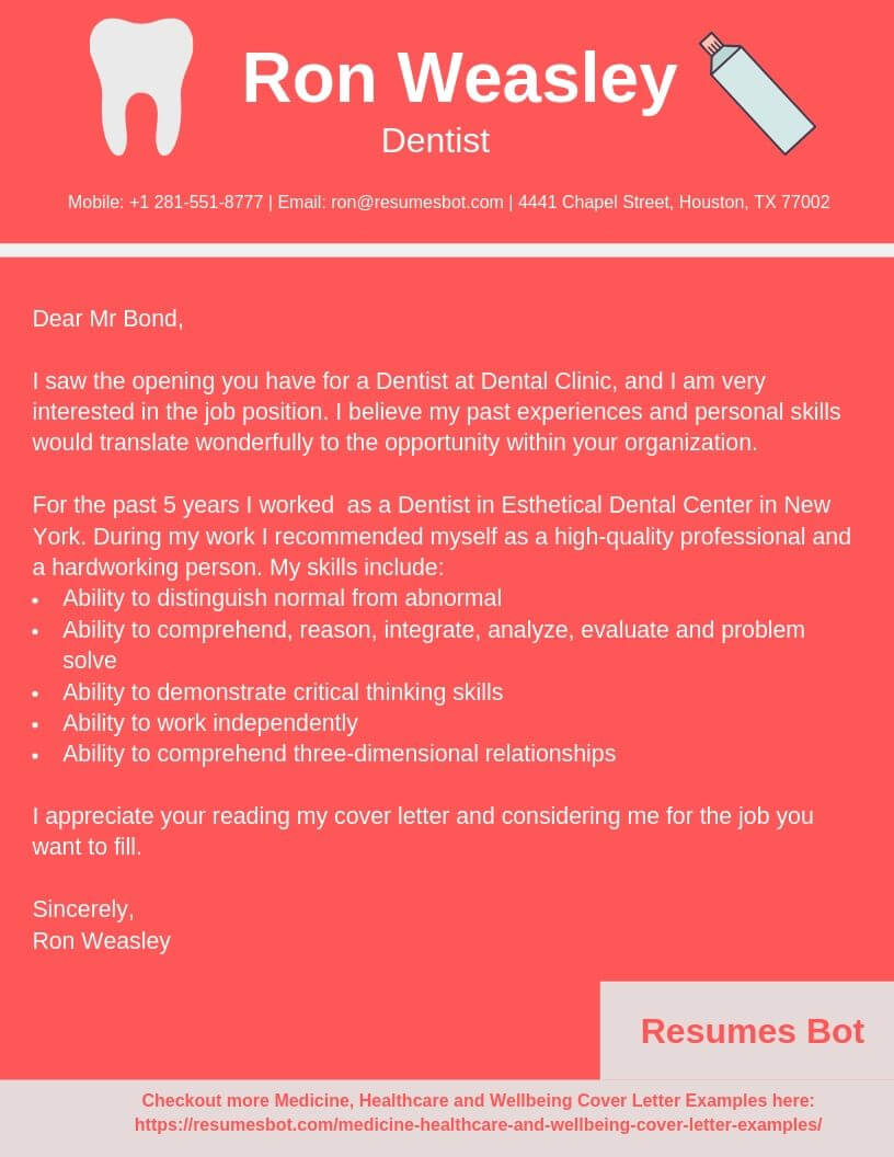 cover letter for dentist job sample