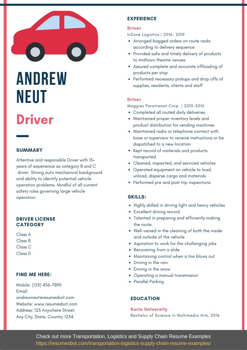 simple resume format for car driver job