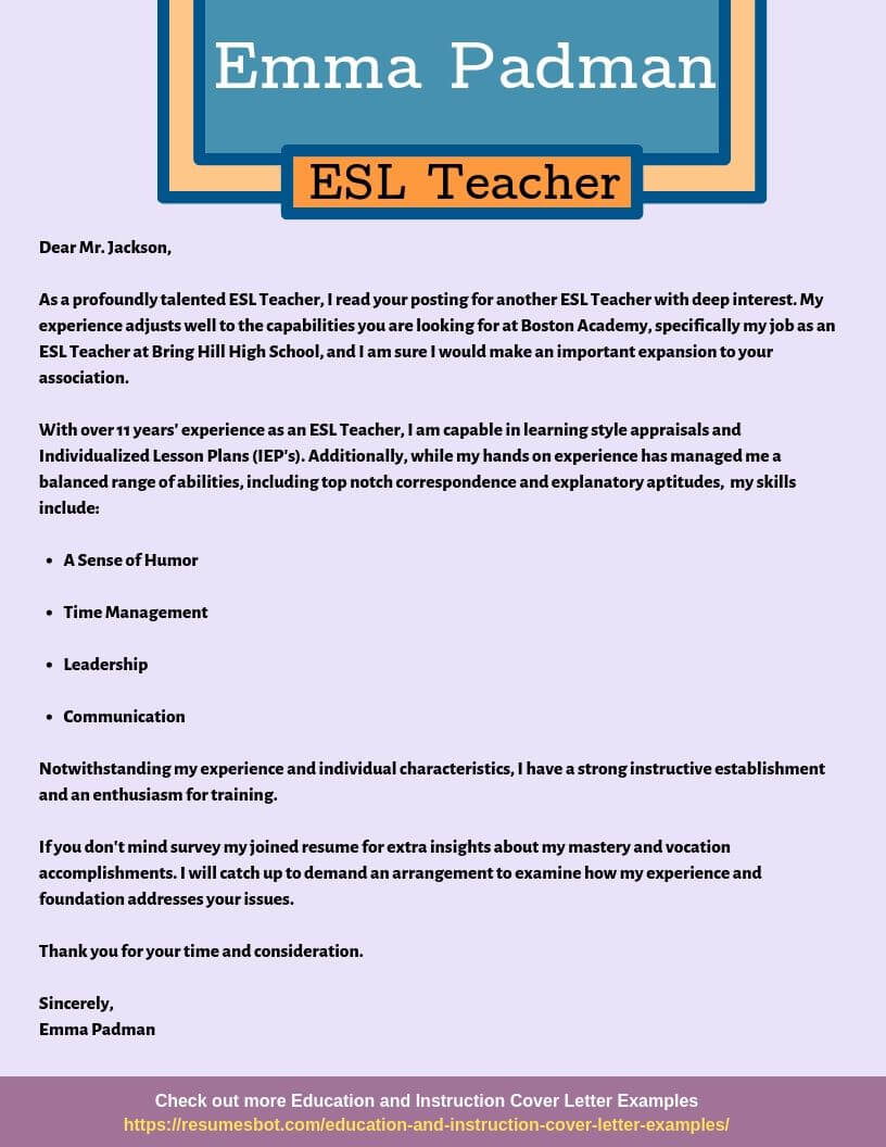 ESL Teacher Cover Letter Samples & Templates [PDF+Word] 21  ESL