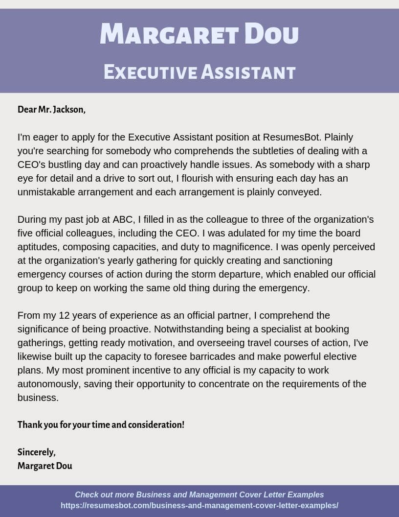 Administrative Assistant Resume Cover Letter Example To Obtain A Job   Executive Assistant Cover Letter Example 