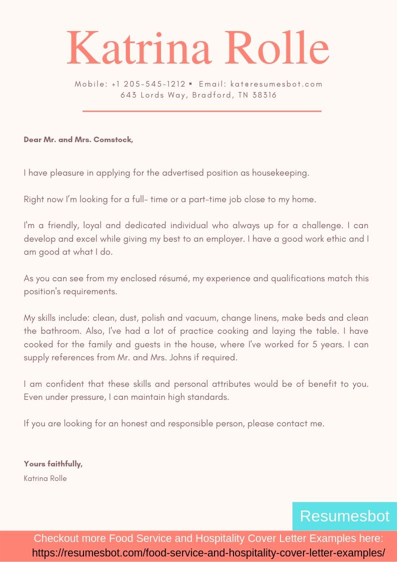 cover letter for housekeeper job