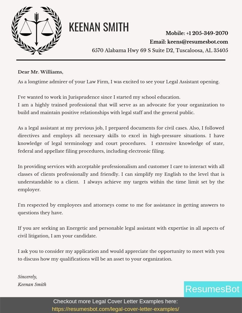 best cover letter for legal assistant