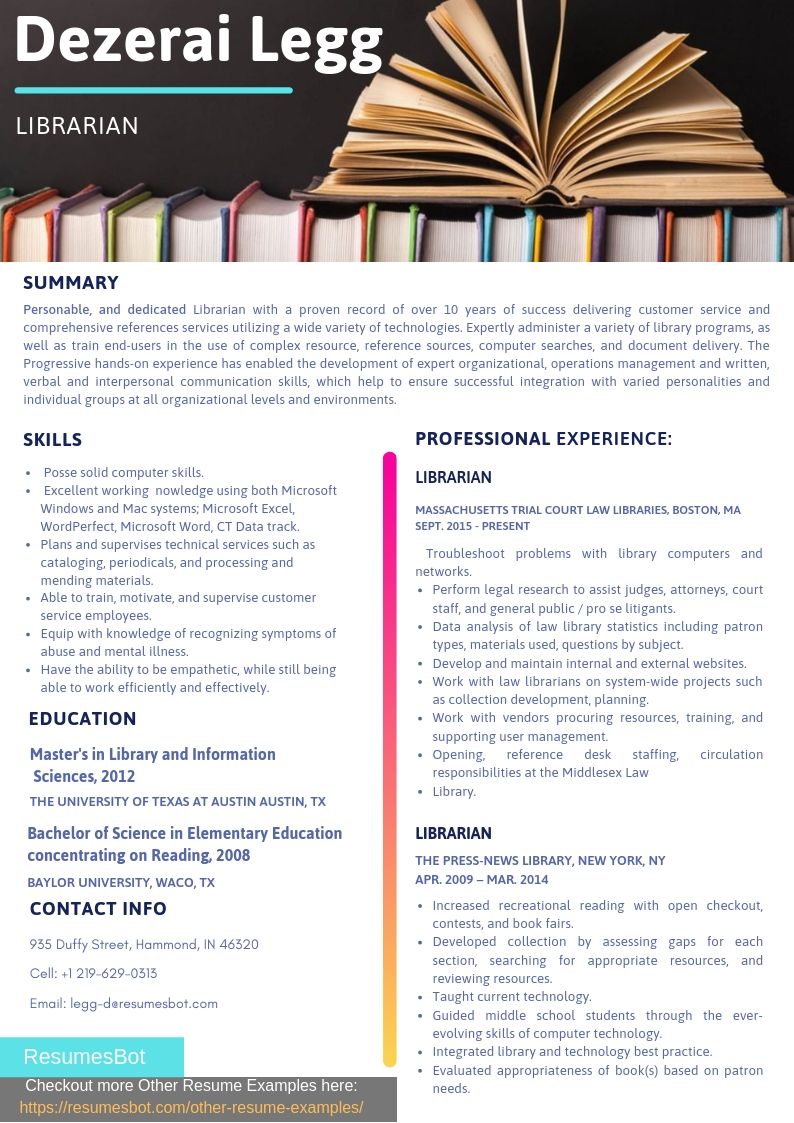 resume teacher librarian