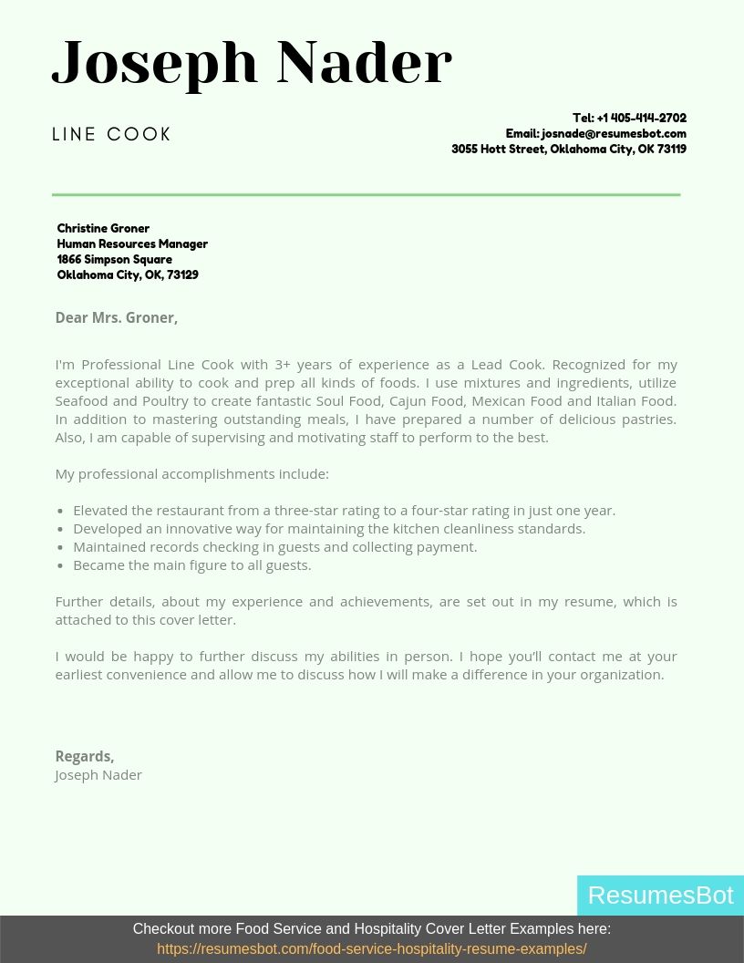 sample application letter for a line cook