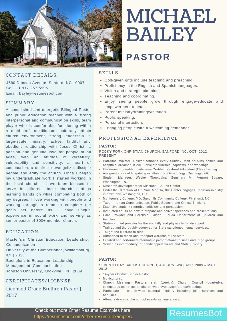 Clergy Pastor Resume Sample