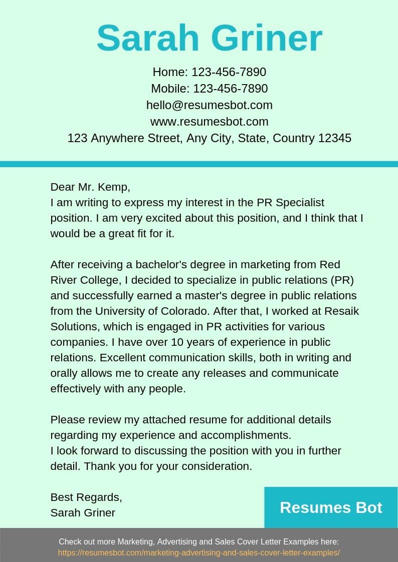 pr cover letter sample