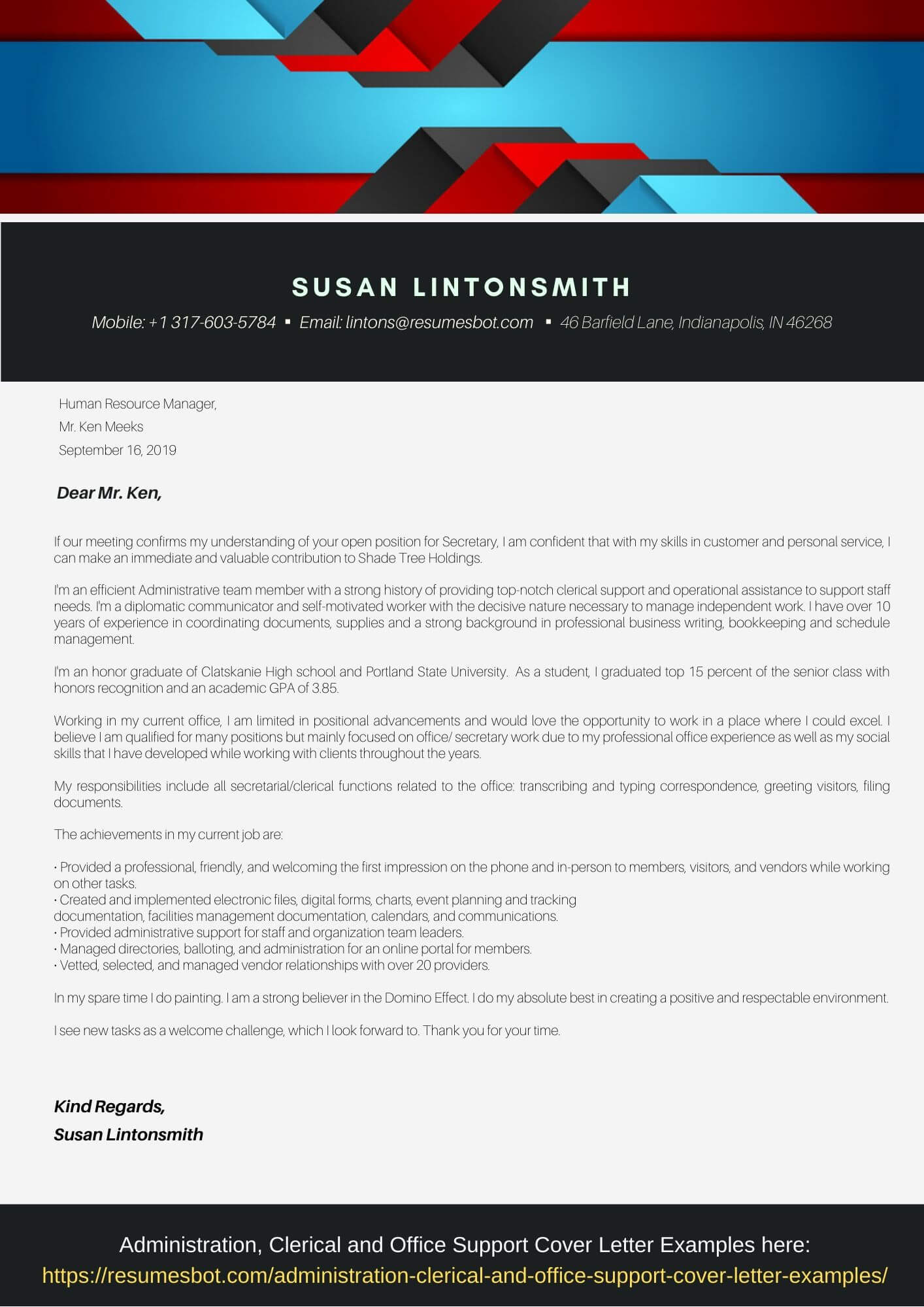 cover letter template for secretary position