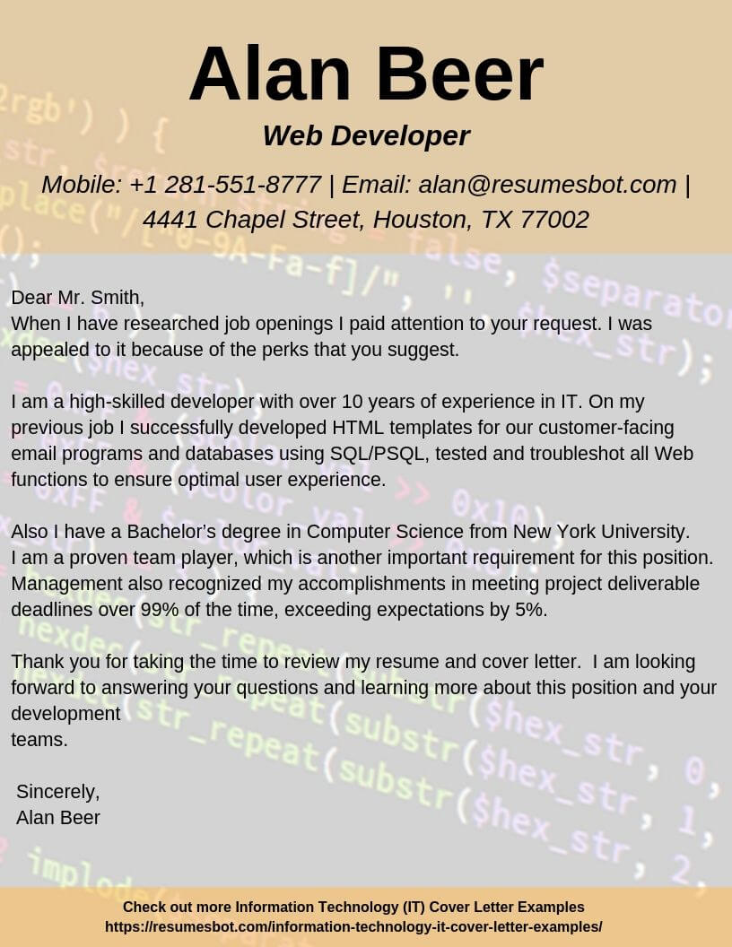 cover letter sample for web developer