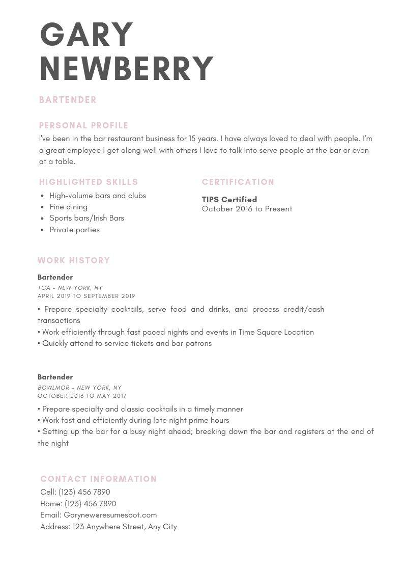 Bartender Resume Example And Tips