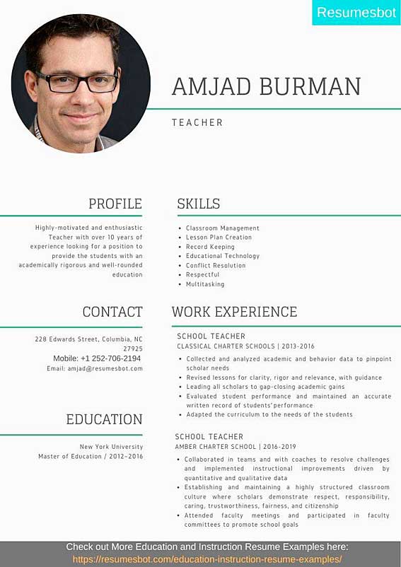 teacher resume sample 1