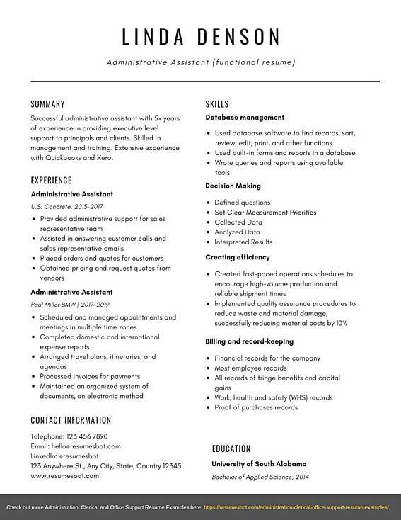 resume template for administrative assistant free