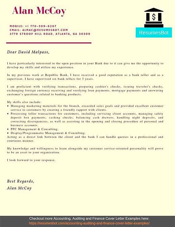 Best Job Application Letter For A Cashier Free Cover Letter Examples   Bank Teller Cover Letter Example 