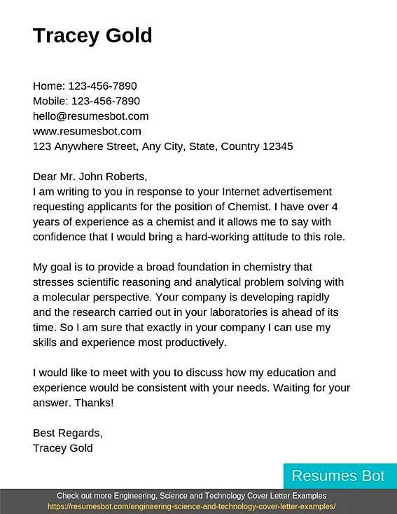 chemist internship cover letter sample