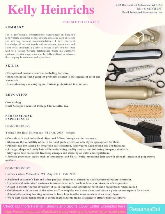 Cosmetology Resumes Resume Best   Cosmetologist Resume Example 