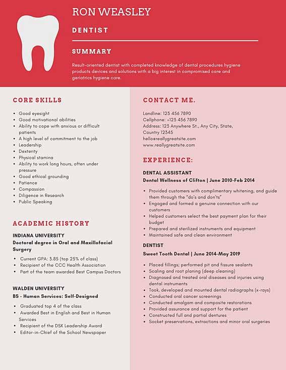 examples of dentist resume