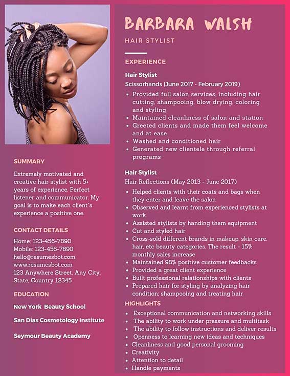 Hairstylist Resume Samples Templates Pdf Word 2020 Hairstylist Resumes Bot