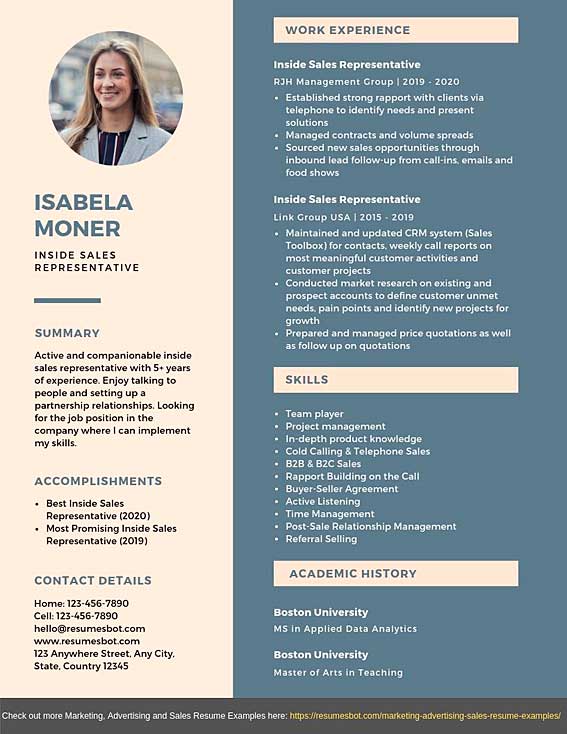 Inside Sales Representative Resume Samples Templates Pdf Word 2021 Resumes Bot