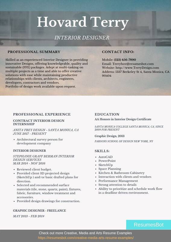 Interior Designer Resume Samples Templates Pdf Word 2021 Interior Designer Resumes Bot