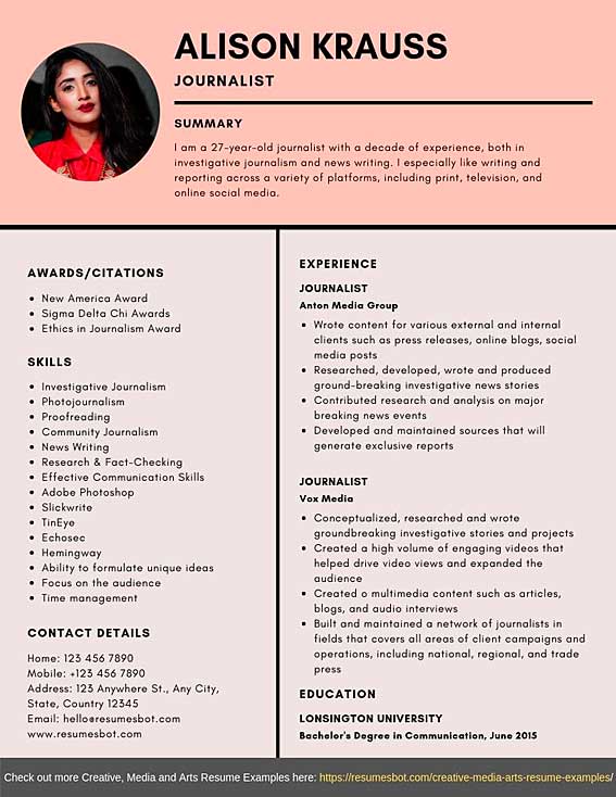 resume format for journalism freshers