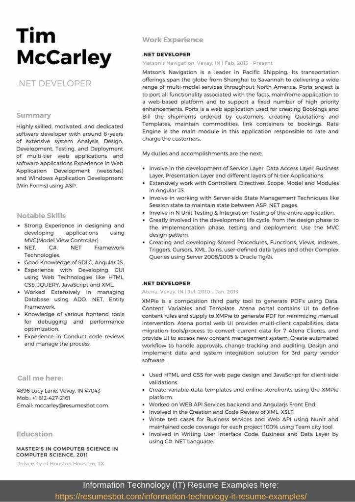 resume sample for .net developer