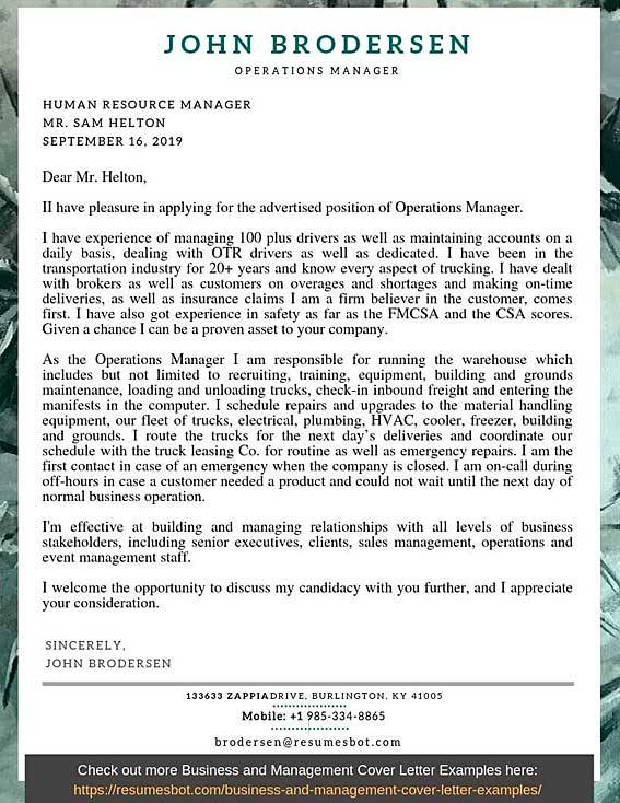 cover letter for the post of operations manager