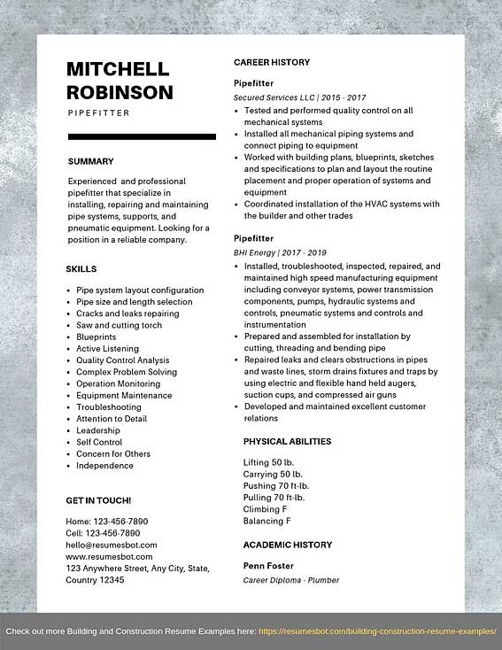 Pipefitter Resume Samples & Templates PDF+Word 2021 ...