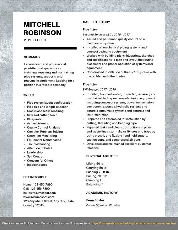 Pipefitter Resume Samples Templates PDF Word 2024 RB