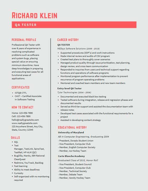 QA Tester Resume Samples & Templates [PDF+Word] 2024 RB