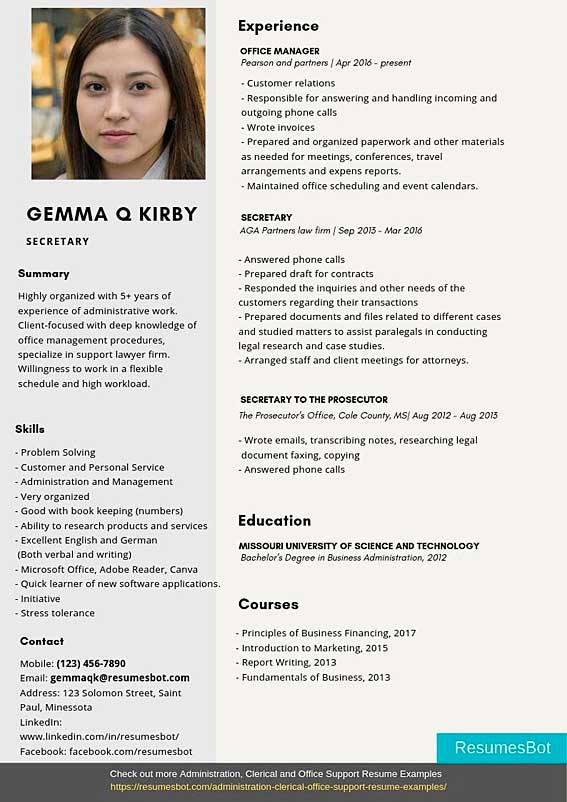 sample resume for secretary