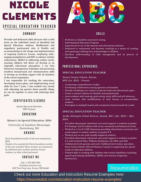 Special Education Teacher Resume Samples Templates Pdf Doc 2021 Special Education Teacher Resumes Bot