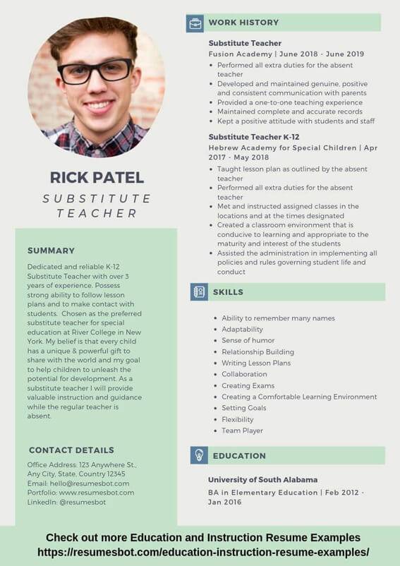 Substitute Teacher Resume Samples & Templates [PDF+DOC ...