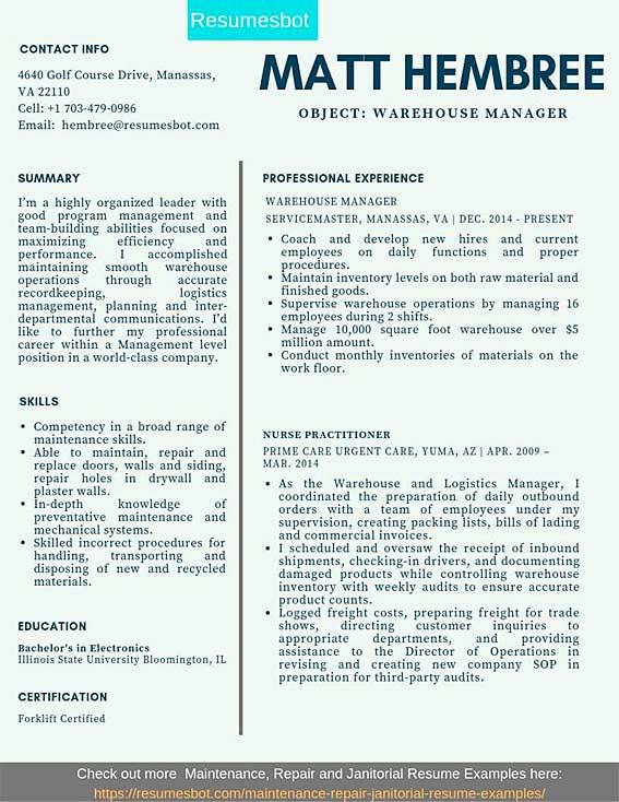 Warehouse Manager Resume Example