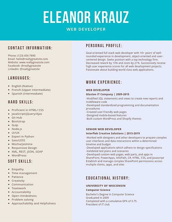 Web Developer Resume Example And Tips